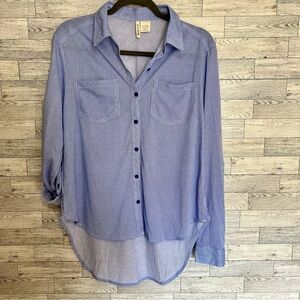 Passport Large Striped Long Sleeve Womens Tab Button-Up High/Low Airy Cozy Shirt
